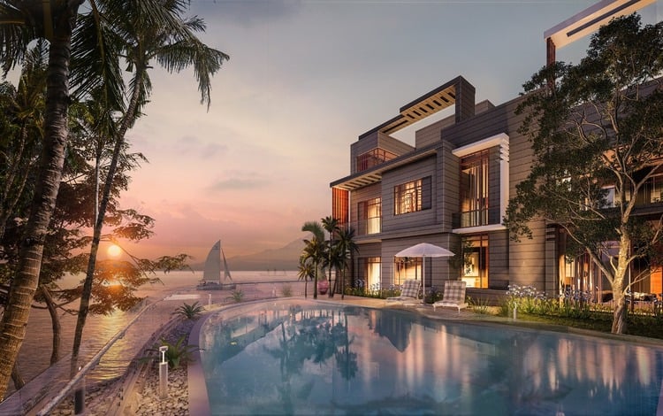 صورة توضح إطلالة الوحدات السكنية على البحر وأحواض السباحة في قرية بيلا فينتو الجلالة العين السخنة