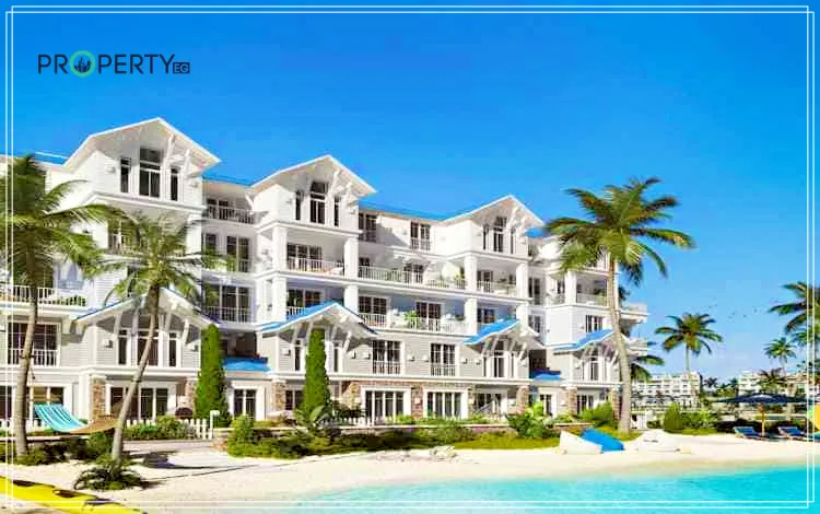 ماونتن لاجون بيتش اكتوبر صورة تبرز إطلالة الوحدات السكنية على البحيرات ومنطقة الشاطئ في كمبوند اكتوبر لاجون بيتش بارك