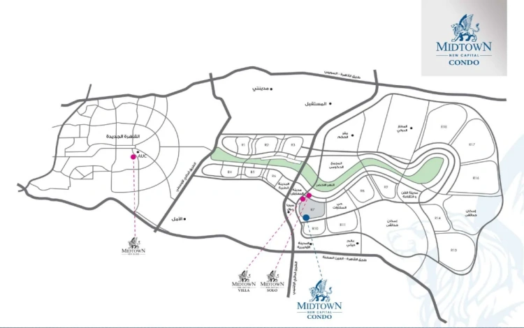 مشروع Midtown Condo New Capital مخطط مشروع Midtown Condo New Capital يُظهر توزيع الوحدات السكنية والمرافق داخل الكمبوند